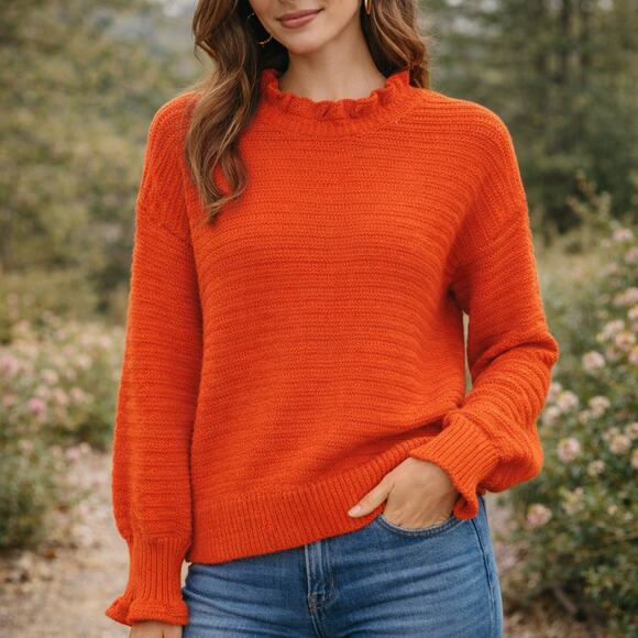 Madewell Sweaters - Madewell SZ L Ruffle-Neck Pullover Sweater in Cotton-Merino Yarn Color: Knit Red